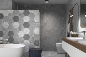 mozaika heksogenalna na ścianie łazienki